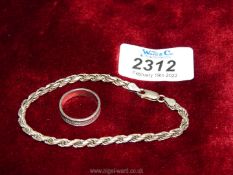 A 925 silver ring and rope twist bracelet marked 925 to the clasps.