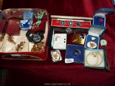 A quantity of jewellery including two Aynsley tie pins, enamel Iris tie pin, boxed stud earrings,