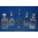 Five Decanters including Royal Brierley, Jenkins 'Regal, square shaped, etc.