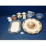 A quantity of mixed jugs, a large Oriental plate plus a blue & white plate and bowl.