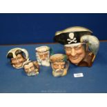 Five Royal Doulton Toby jugs including "Long John Silver", Neptune" and "Robinson Crusoe" etc.