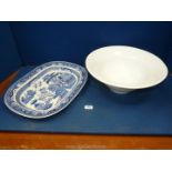 A large blue & white meat plate, large white bowl, etc.