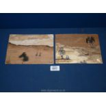 A pair of Australian aboriginal paintings 8"x 6" on paper bark, one signed Segan,