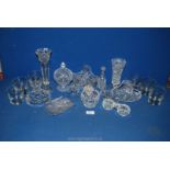 A quantity of glass including baskets, bells, Bohemia glass bowl, six etched tumblers etc.