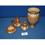 A Doulton Lambeth vase 5'' tall and cruet set, chip to lid of mustard pot and no spoon.