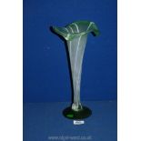 A tall Art Nouveau glass lily vase, green with white stripe, 13 1/2" tall.