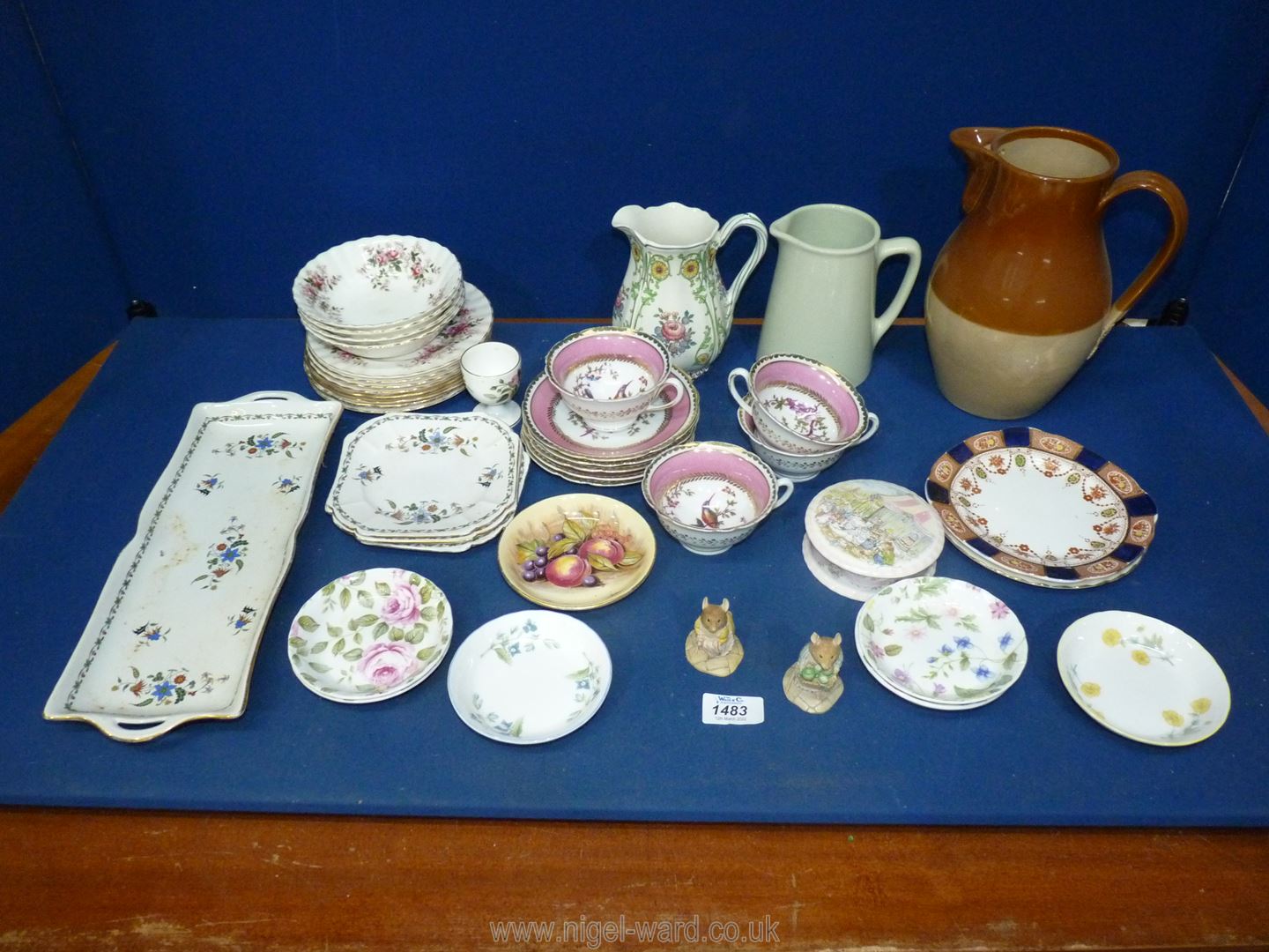 A box of miscellaneous china to include stoneware jug, Brighton Wedgwood jug, Shelley plates,