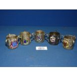 Five miniature plated Tygs with enamel crests, by S & Co.