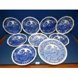 Nine blue and white Copeland Spode Plates with bridge scene (some a/f)