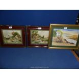 A pair of Farmyard prints with figures, horses, chickens etc,