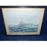 A framed and mounted Watercolour of a warship, signed lower right W.A. Mannion 2002.