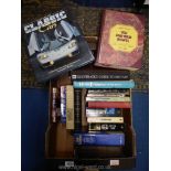A box of books to include Wilbur Smith, Douglas Reed, Classic cars etc.