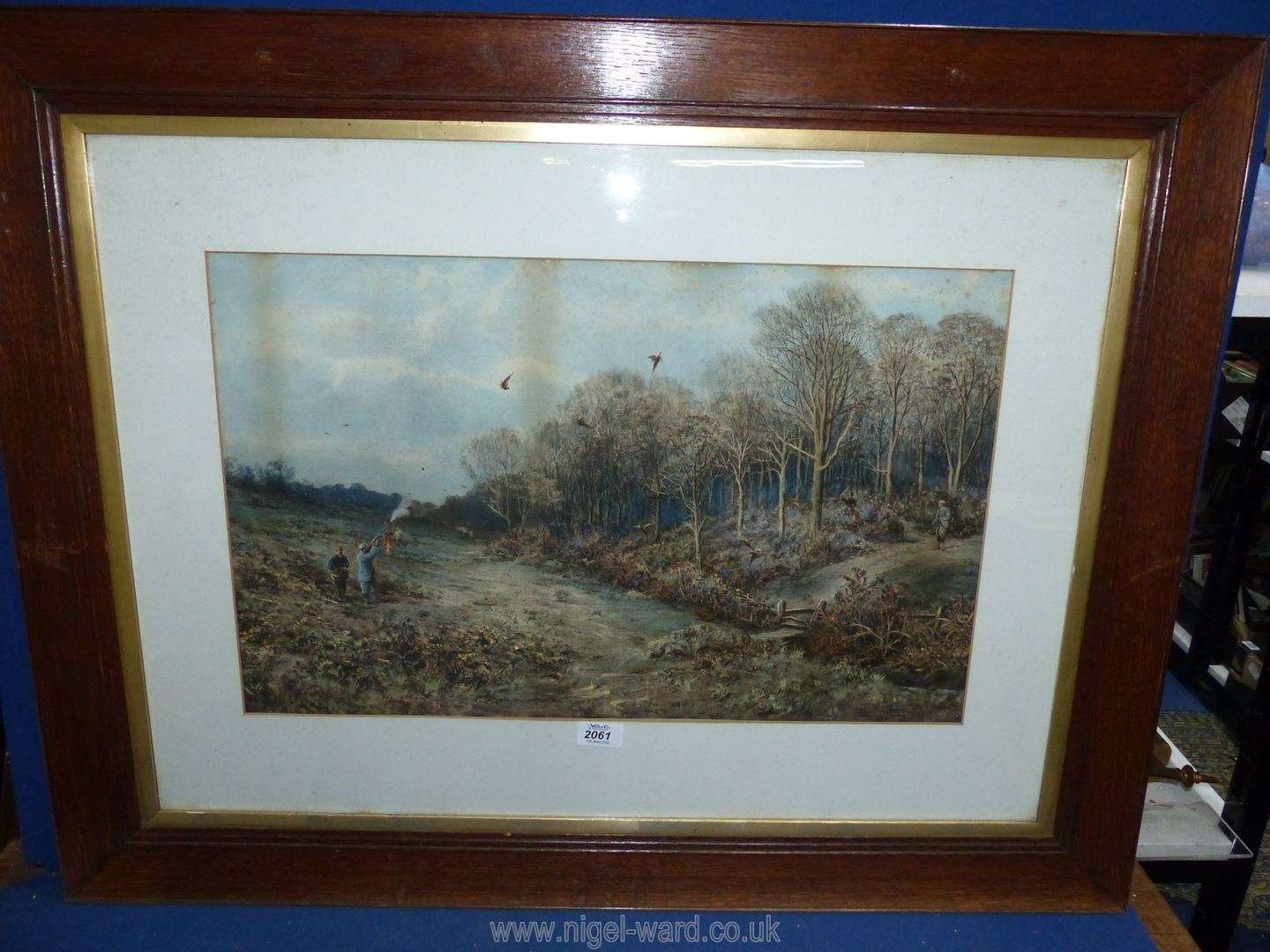 A large wooden framed Print signed lower left Douglas Adams, dated 1893 depicting a pheasant shoot. - Image 2 of 2