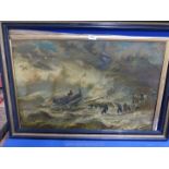 A Print on canvas of a boat being put out on a stormy sea a/f.