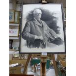 A Charcoal portrait of a gentleman sat in a chair mounted on an easel.