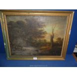 An Oil on board depicting a country landscape with a gentleman sat by a river,