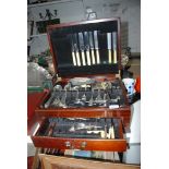 A quantity of mixed Cutlery in wooden canteen box with lower drawer, including salad servers,