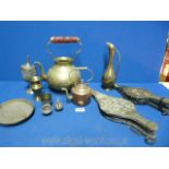 A quantity of brass items including two bellows, kettle, miniature copper kettle etc.