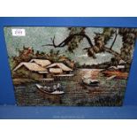 An unframed lacquer eggshell painting on wood of a river scene.