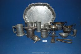 A box of Pewter and plated ware including tray, jugs, small teapot etc.