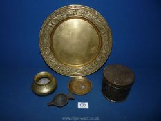 A good box of antique oriental metal including an Indian bronze oil lamp filler, miniature lota,