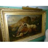 A large gilded framed Oil Painting on stretchered canvas very ably portraying a lakeside scene with