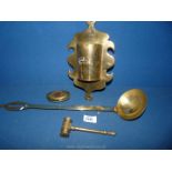 A quantity of brass including old ladle, spill holder, gavel and brass snuff box with inset penny.