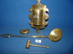 A quantity of brass including old ladle, spill holder, gavel and brass snuff box with inset penny.