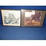 Two prints, one of Notre Dame, and one of a farm scene,.