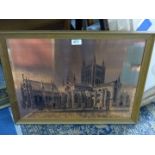 A framed copper etching of Hereford Cathedral.