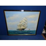 An oil on canvas "Sailing Ship" by J. Ambrose.