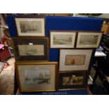 Seven Watercolours - Cornish Harbour scene, Fishing Boat scene, two River scenes and three others.