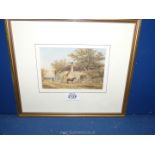 A framed and mounted Watercolour depicting a Cottage scene with figures and horse outside,