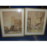 A pair of framed water colour paintings of continental town scenes both signed lower left A.T.