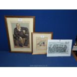 A Vanity Fair print, watercolour of figures at a table, and a watercolour Dickensian scene signed H.