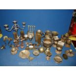 A quantity of brass and plate including candelabra, bell, tankards, brackets.