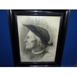 An Antique charcoal Portrait of Man in a hat in period frame.