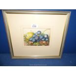 A framed mounted Watercolour depicting a still life of fruit and nuts, no visible signature,