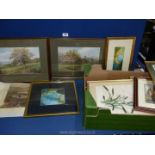 A quantity of prints and watercolours to include; Hereford Cathedral, country landscapes, etc.