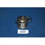A Silver mustard Pot with blue glass liner and accompanying spoon, (22.