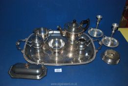 A quantity of silver plate including a tray, sugar bowl, cream jug, milk jug, dish and lid ,
