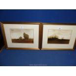 A pair of framed and mounted watercolours by the artist Martin Caulkin titled 'Autumn Field' and