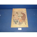 A signed Japanese block Print depicting a couple with their belongings on a horse that has gone