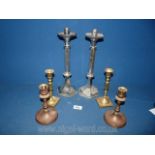 Three pairs of candlesticks, hexagonal shape in chrome 12 1/2" tall,