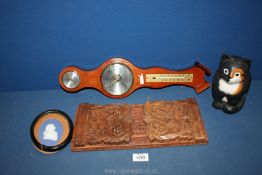 A small quantity of miscellanea including barometer, Treen cat and book rack,