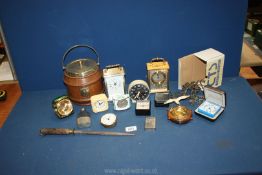 A quantity of miscellanea including wooden biscuit barrel, quartz clocks, hip flask, ashtray, etc.
