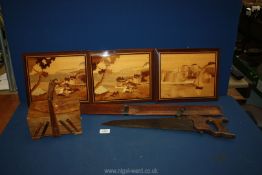 Three marquetry pictures, small cantilever box for jewellery or similar,