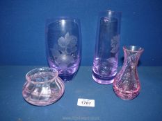 Four Caithness glass vases including pink swirl, etched purple etc.
