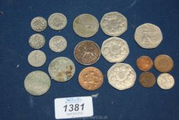 A quantity of English and foreign coins including three EU ring of hands 50 pence pieces,