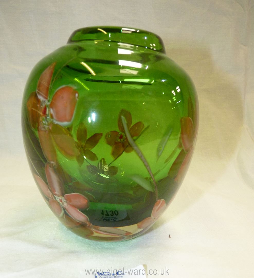 A heavy green art glass Graal vase, having inset floral design and cased in clear glass, - Image 2 of 3
